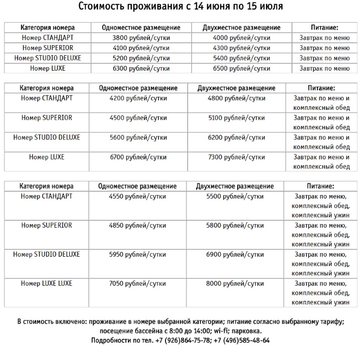 Стоимость проживания в арт-отеле ПУШКИНО с 14 июня по 15 июля